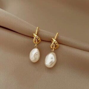 NEW Clara Gold Knot Mabe Pearl Drop Earrings Minimalist Career
